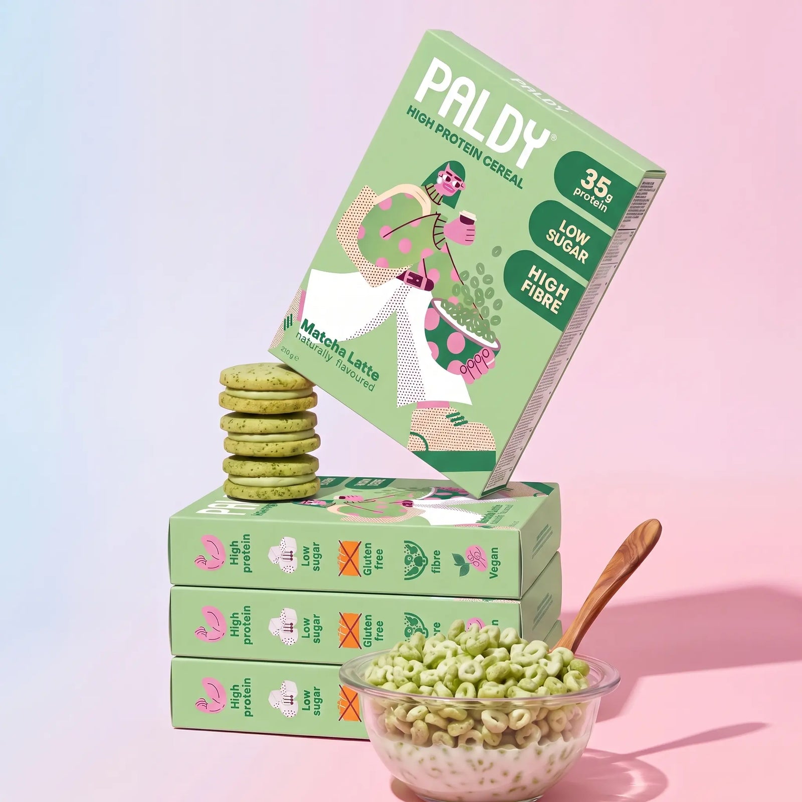 Paldy Matcha Latte high protein cereal, bowl and box